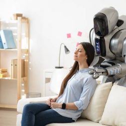 Woman Experiencing Shoulder Massage Therapy By A Robot in a Massage Center.