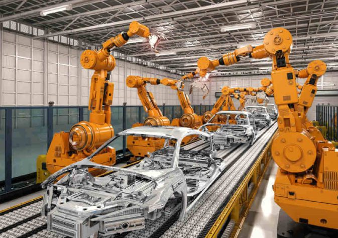 Industrial Robots Working In Automobile Industrial Sector.