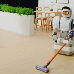 A service robot cleaning the living room.