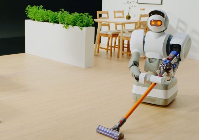A service robot cleaning the living room.