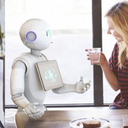 A service robot serving water in a dining room.