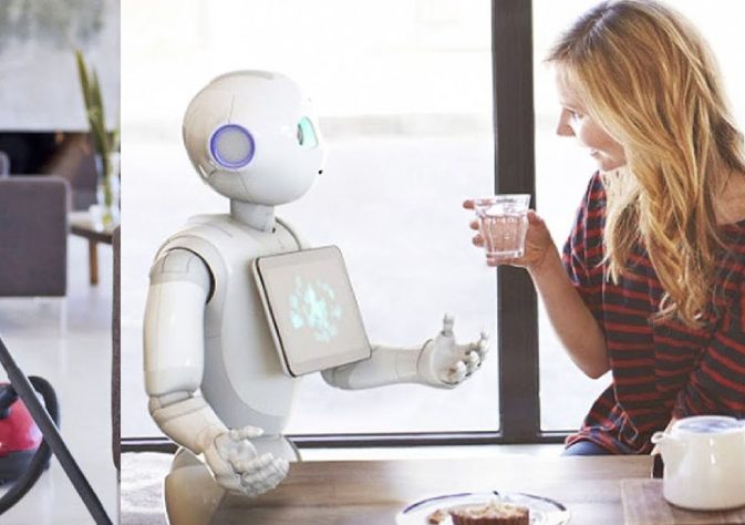 A service robot serving water in a dining room.