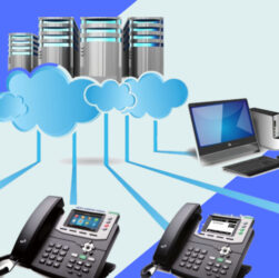 Two telephones, one laptop, smartphone and computer are connected with a cloud server.