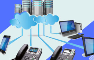 Two telephones, one laptop, smartphone and computer are connected with a cloud server.