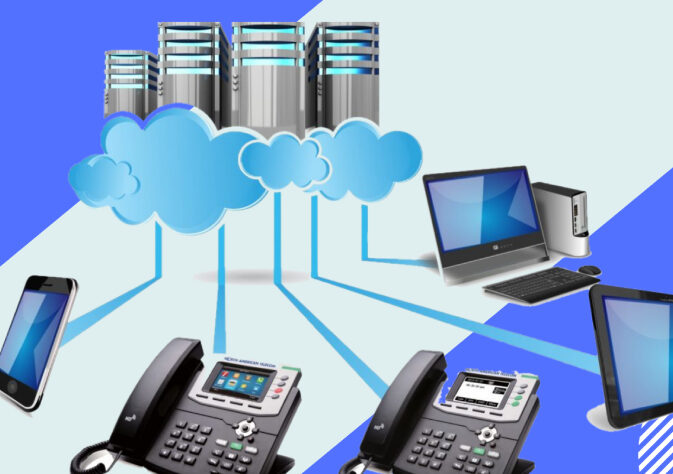 Two telephones, one laptop, smartphone and computer are connected with a cloud server.