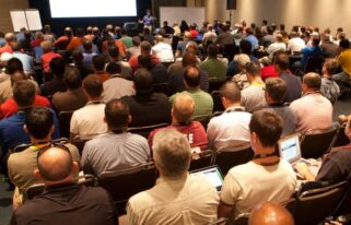 Rear view of a fully occupied training room and trainer giving presentation on AWS..